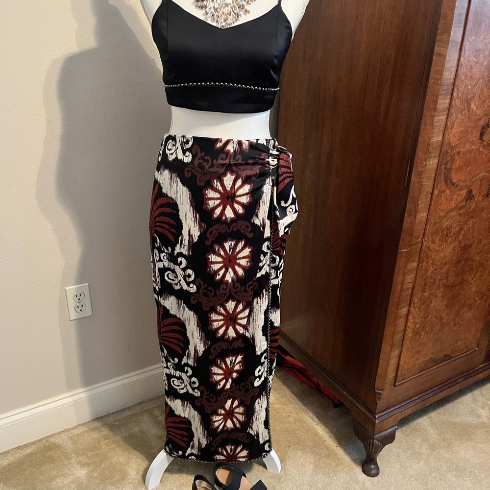 Harlow Black and Red Maxi Pencil Skirt with Wrap Design and matching crop top